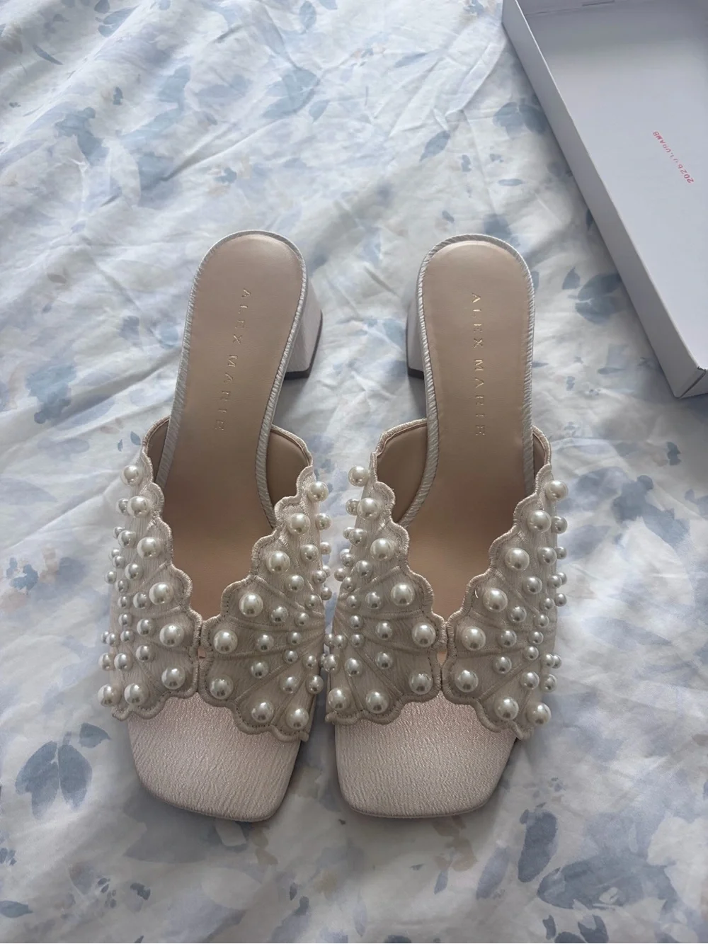 Alex Marie Pearl-Accent Cream Block Heel Mules 9.5